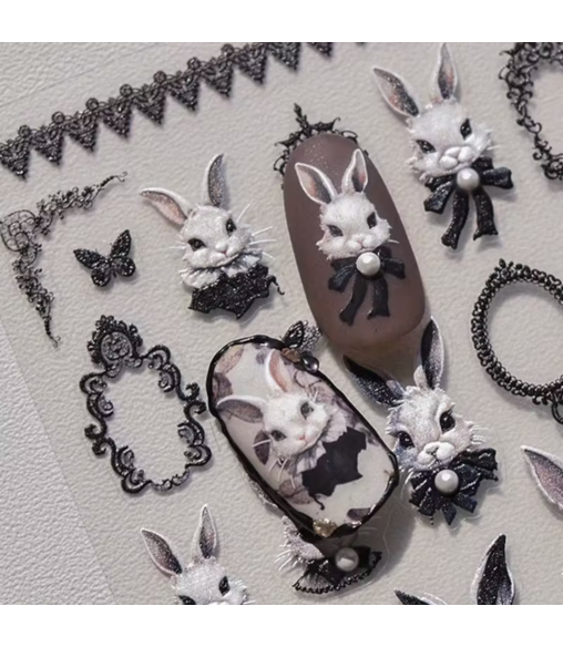 Autocollants Nails Art "Lapin Rétro & Perles" 2