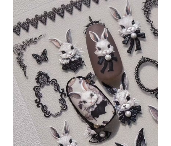 Autocollants Nails Art "Lapin Rétro & Perles"