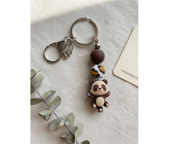 Porte-clés Panda Brun fait main — perles