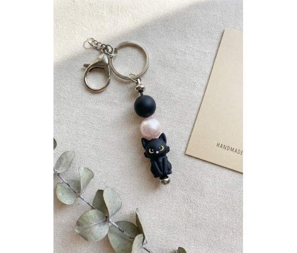 Porte-clés Chat noir fait main — perles
